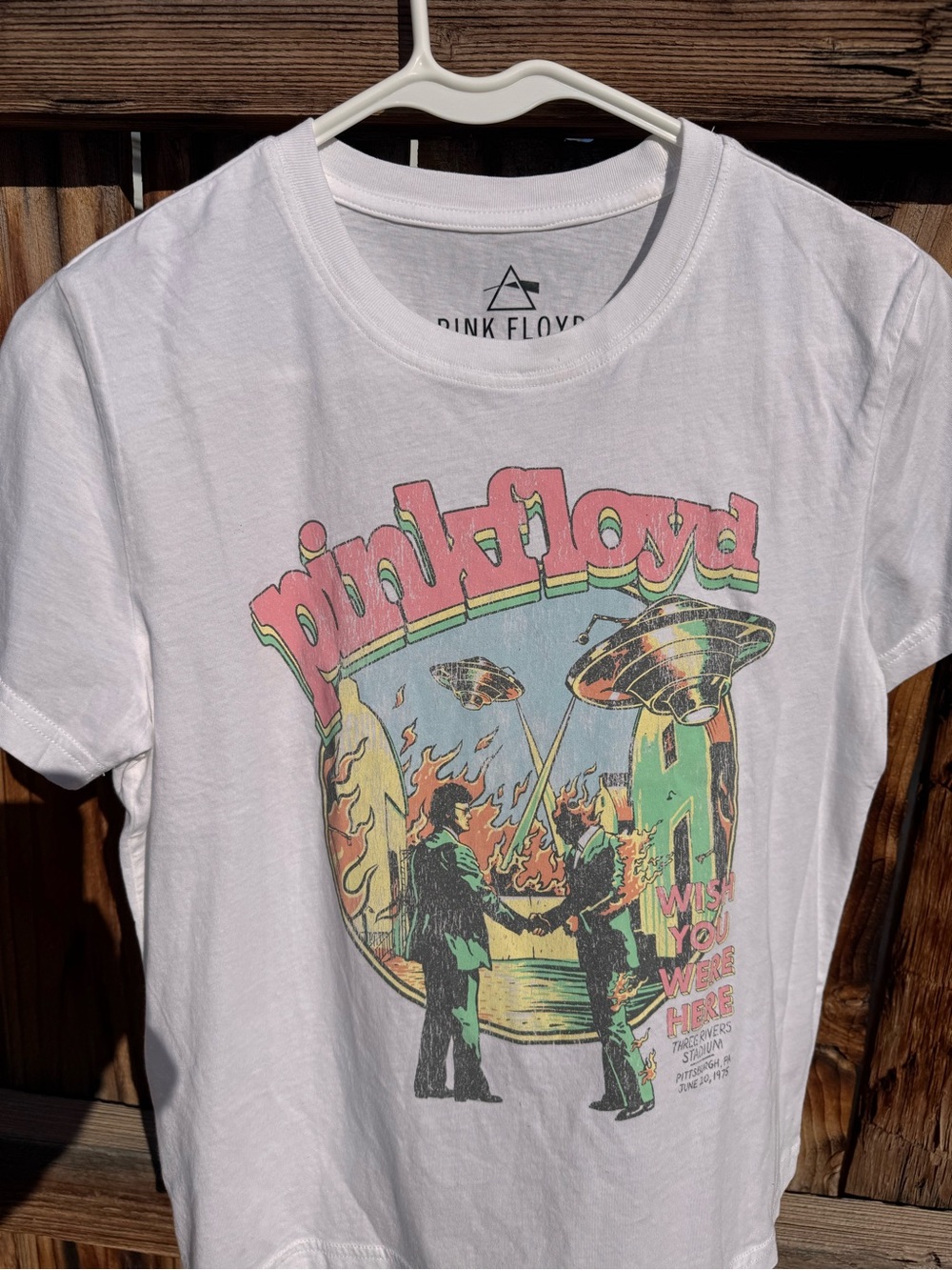 Pink Floyd White Tee with Pink, Green and Yellow Retro Graphic